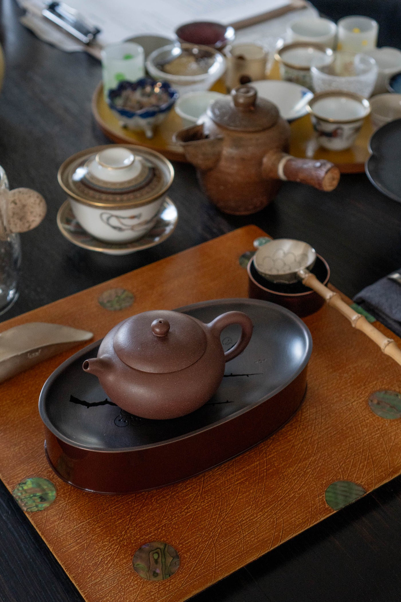 Handmade Silver Tea Strainer with Jade and Yellow Bamboo Handle