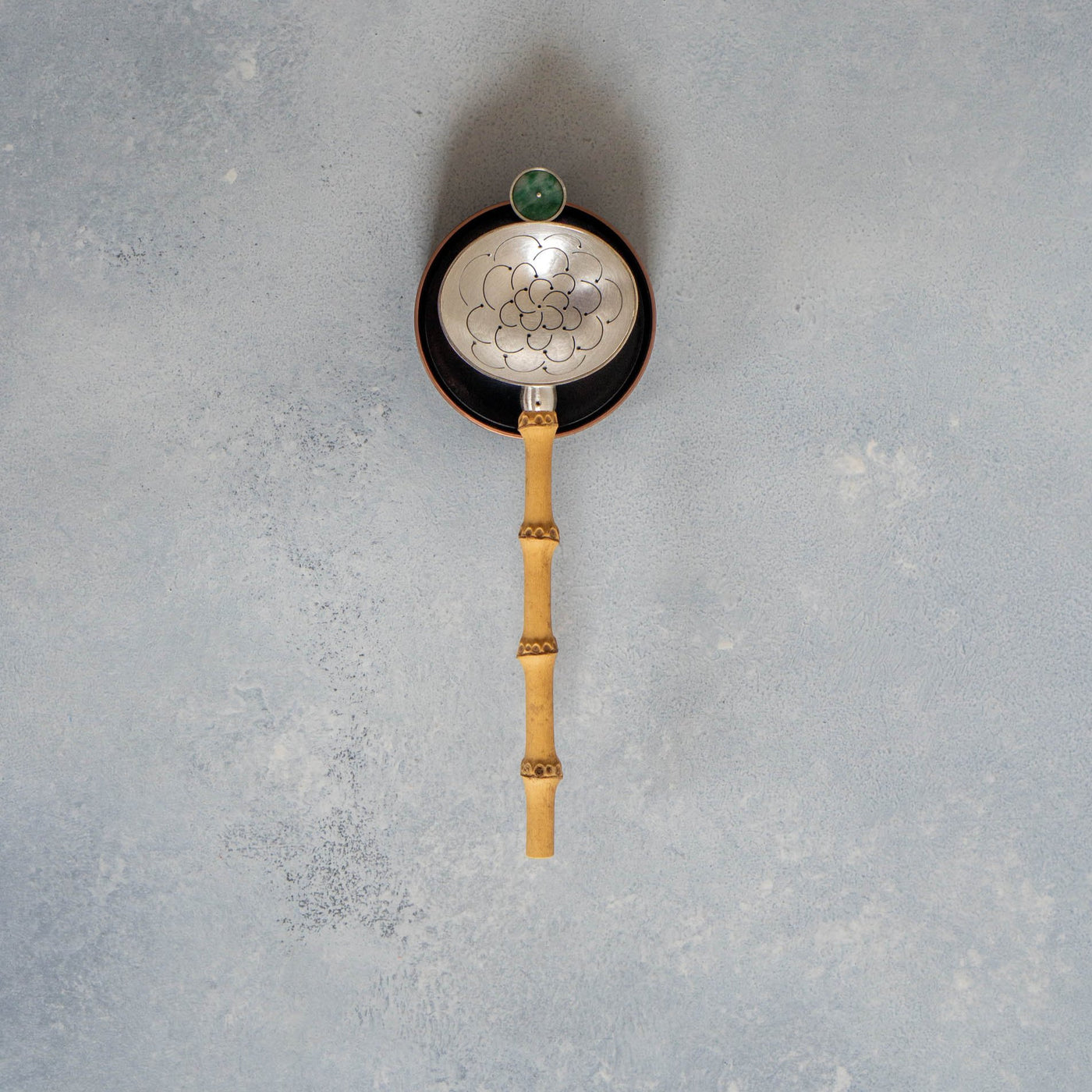 Handmade Silver Tea Strainer with Jade and Yellow Bamboo Handle