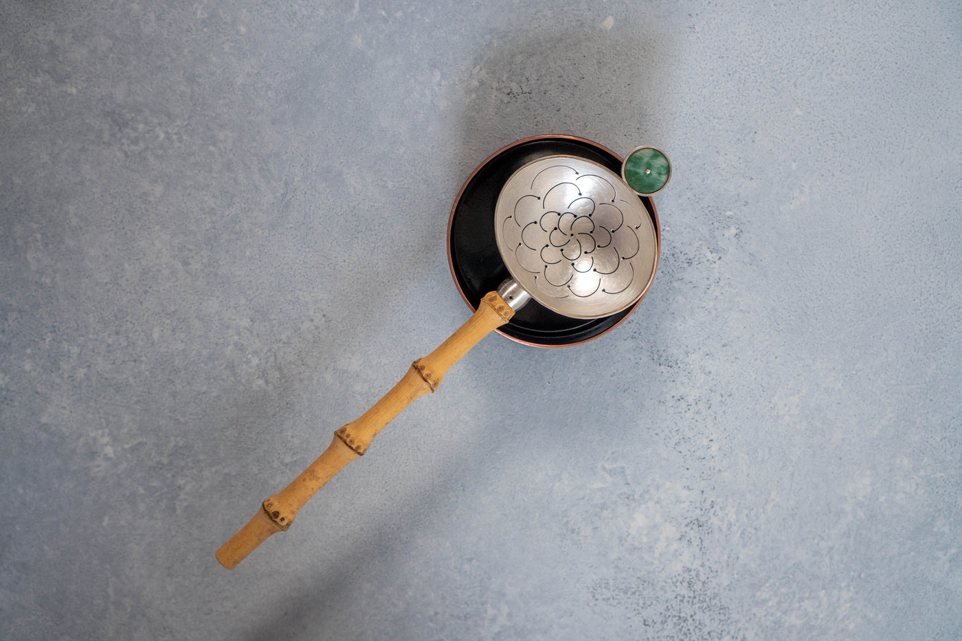 Handmade Silver Tea Strainer with Jade and Yellow Bamboo Handle