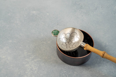 Handmade Silver Tea Strainer with Jade and Yellow Bamboo Handle